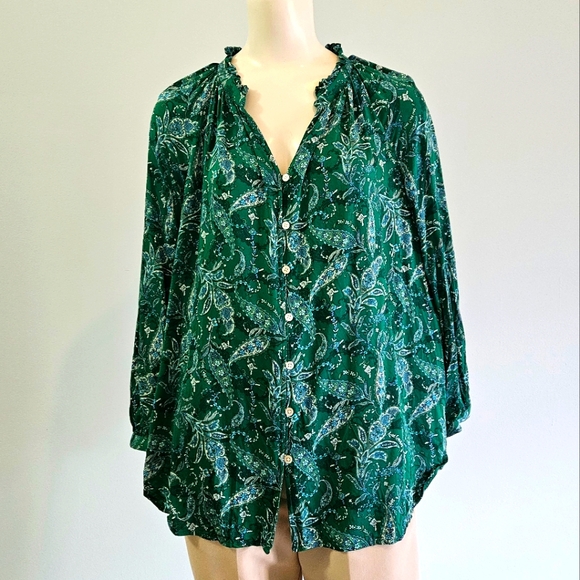 J. Jill Womens Ruffled Satin Top Paisley Tunic Top Button Up Cottagecore Green L - Picture 5 of 13